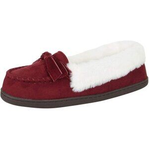 Women's Wine Red Bow Faux Fur Collar Pull On Plush Lining Slipper Boot Shoes